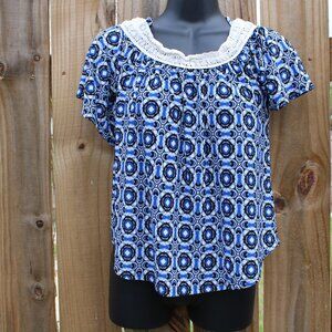 Love J USA Blue Geometric Print Crochet Neck Peasant Top Size M